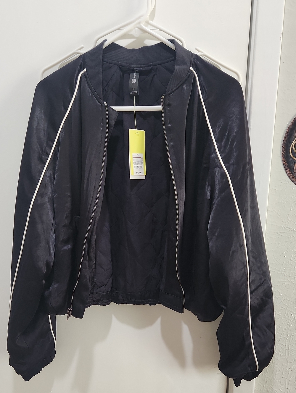 all in motion Black Bomber Jacket with White Piping Size M